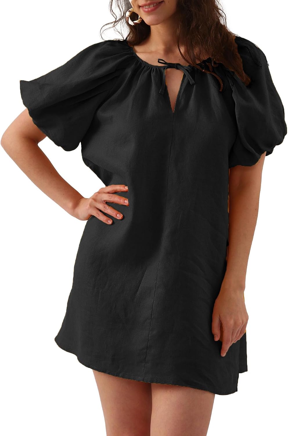 Amazhiyu Women’s Pure Linen Summer Puff Sleeve V Neck Mini Dress with Belt