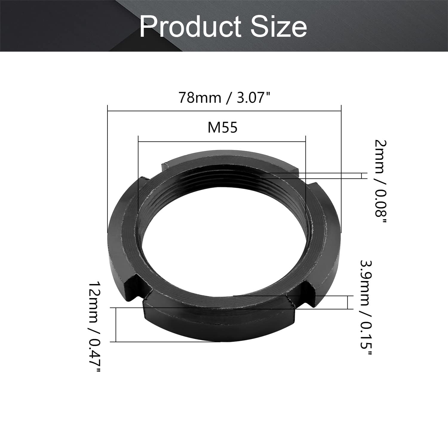 MroMax M56 x 2mm Carbon Steel Retaining Four-Slot Slotted Round Nuts Black 1Pcs