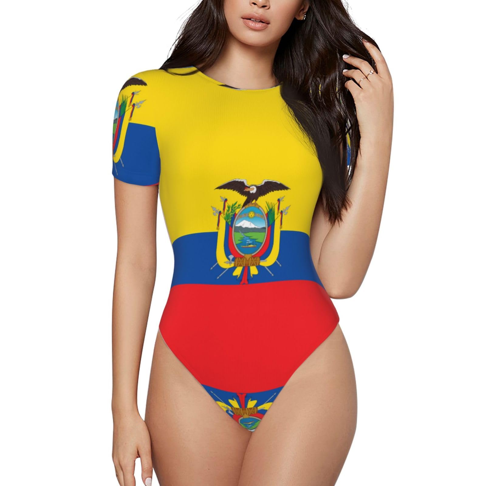 Body de manga corta con estampado de bandera de Ecuador para mujer, ropa transpirable para primavera y verano