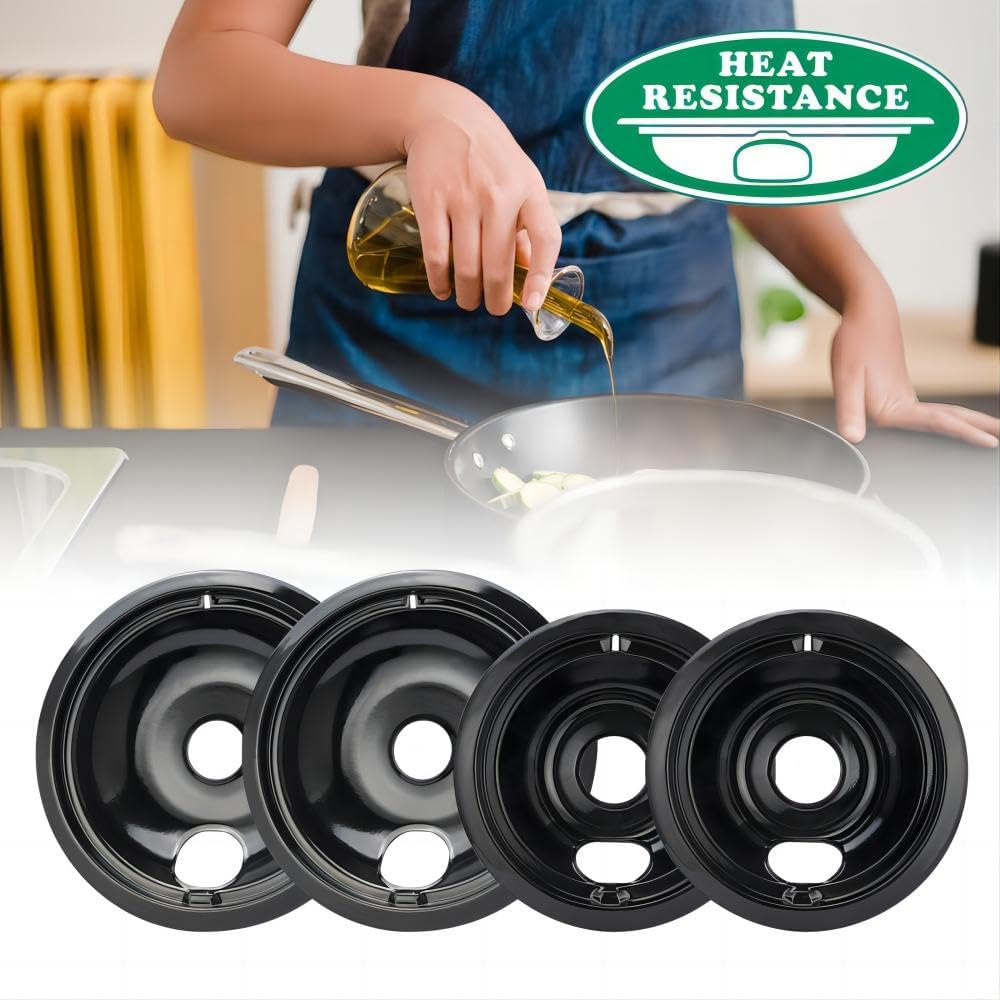Purelux Electric Range Drip Pans Replacement for GE or Hotpoint Stove, Porcelain Enameled Black Finish 4 Pieces Pack ( Two 8" and Two 6")