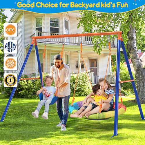 Image of GIKPAL Swing Set with Stand, 32 inch Saucer Plus Belt Seat for Backyard | Dual-seat backyard setup with quick-drying saucer fabric, classic belt seat, metal A-frame, and enough space for 2 kids.