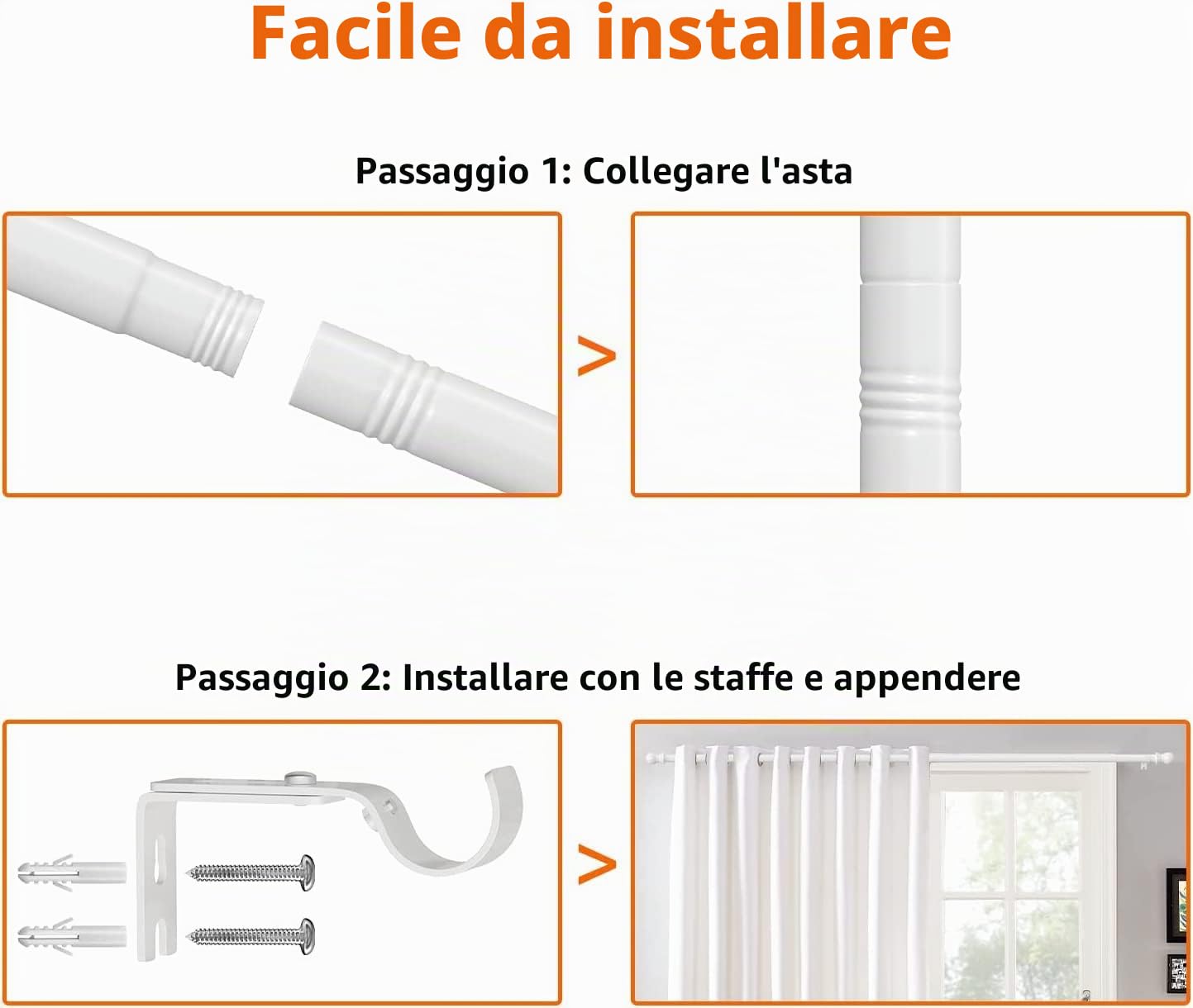 INFLATION Bastoni per Tende estensibili con terminale Tondo, 76-369 cm, Metallo Effetto Acciaio Inossidabile a 1 Canna, Bianco 76-284 cm
