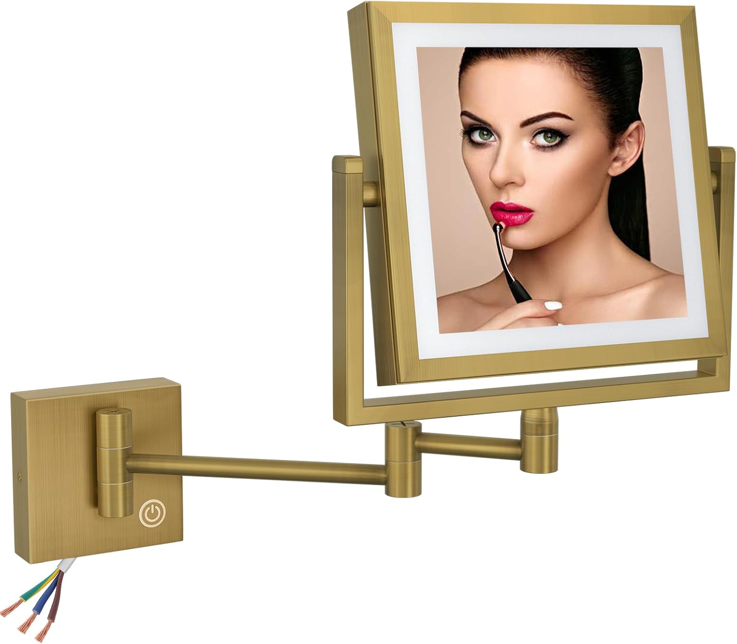 Square Wall Mounted Makeup Mirror with Lights and Magnification, 8 Inch 2-Sided Magnifying Make up Mirror with Lighting LED Bathroom Vanity Mirror Touch Dimming Swing Arm Brass Hard-Wired