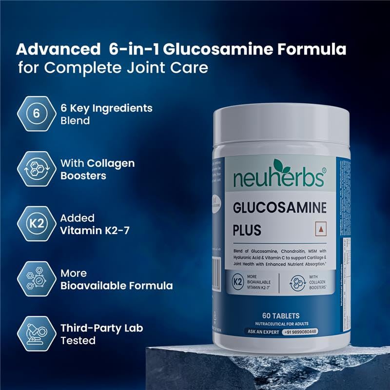 Image of Neuherbs Glucosamine Plus 1500mg - 60 Tablets| Glucosamine Chondroitin MSM with Hyaluronic Acid, Vitamin C & K2-7 | Helps Joint Pain Relief, Cartilage Repair, Knee Support & Mobility