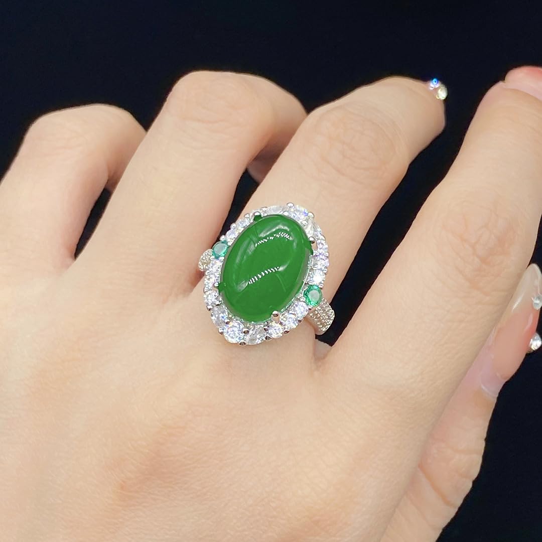 HMJGDHX Klassischer jadegrüner Ring für Damen, Jubiläumsaccessoires, Geschenk, modischer Ring aus 925er Sterlingsilber, Damenschmuck, Verstellbarer smaragdgrüner Ring, besetzt mit vielen Diamanten