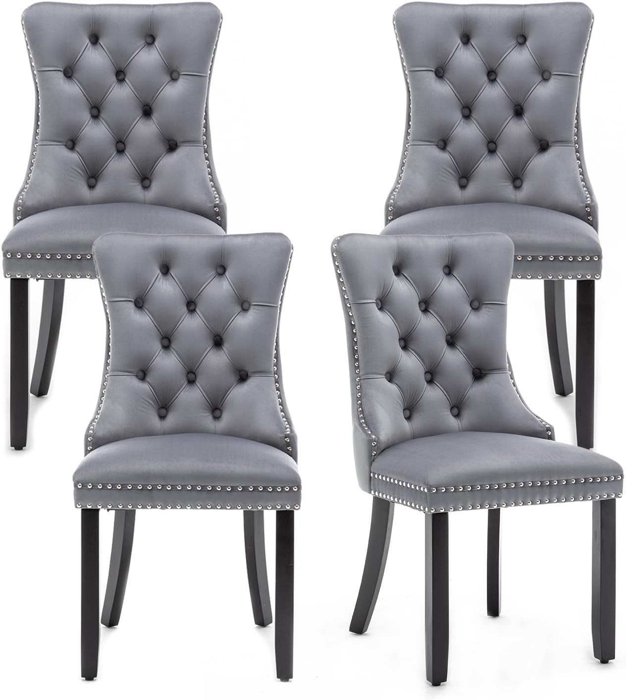 Hixkol Velvet Dining Chairs Set of 4,Upholstered Dining Chairs with Ring Pull Trim and Button Back,Modern Seating for Kitchen, Bedroom & Living Room(Grey)