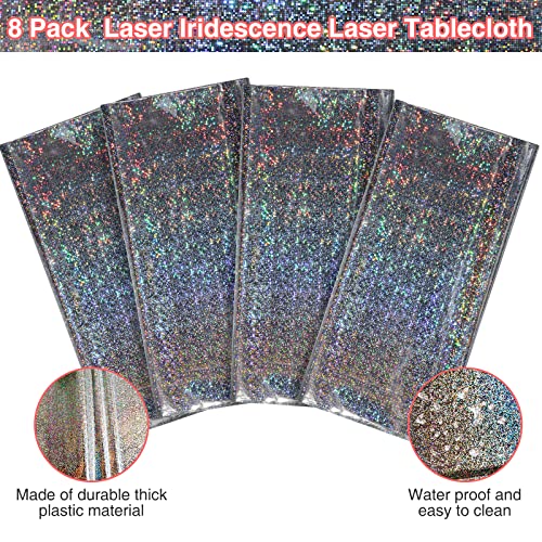 Image of FunnyPars 8 Pack Iridescent Plastic Tablecloths Shiny Disposable Laser Rectangle Table Covers Holographic Foil Tablecloth Iridescent Party Decoration