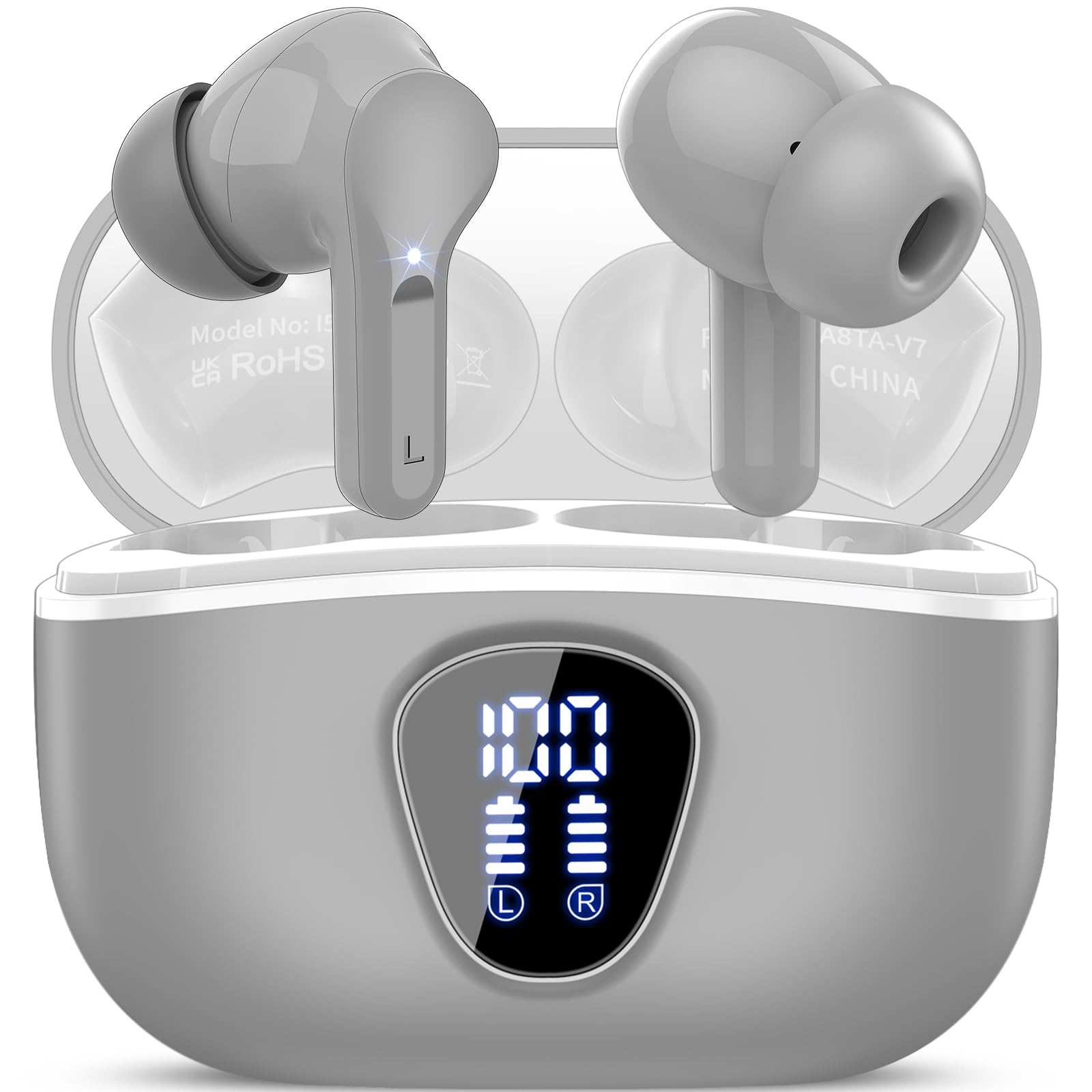 Wireless Earbuds, Bluetooth 5.3 Headphones HiFi Stereo, Bluetooth Earbuds with ENC Noise Cancelling Mic, IP7 Waterproof in Ear Earphones, 48H, LED Display Ear buds for Pad Phones Workout Sports, Grey