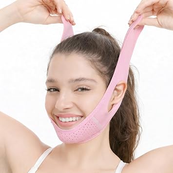 Adjustable V Line Chin Strap, Reusable Face Lifting Support Band with Hook & Loop Fastener, Breathable Jaw Support Wrap for Women & Men, Comfortable Day & Night Wear Pink