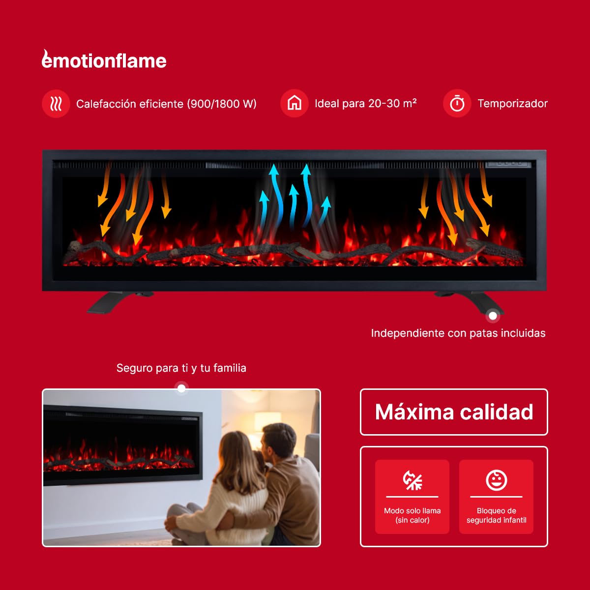 Regal 106 - Chimenea eléctrica de pared de alta calidad, 106 x 35 x 12 cm, chimenea LED con calefacción 900/1800 W