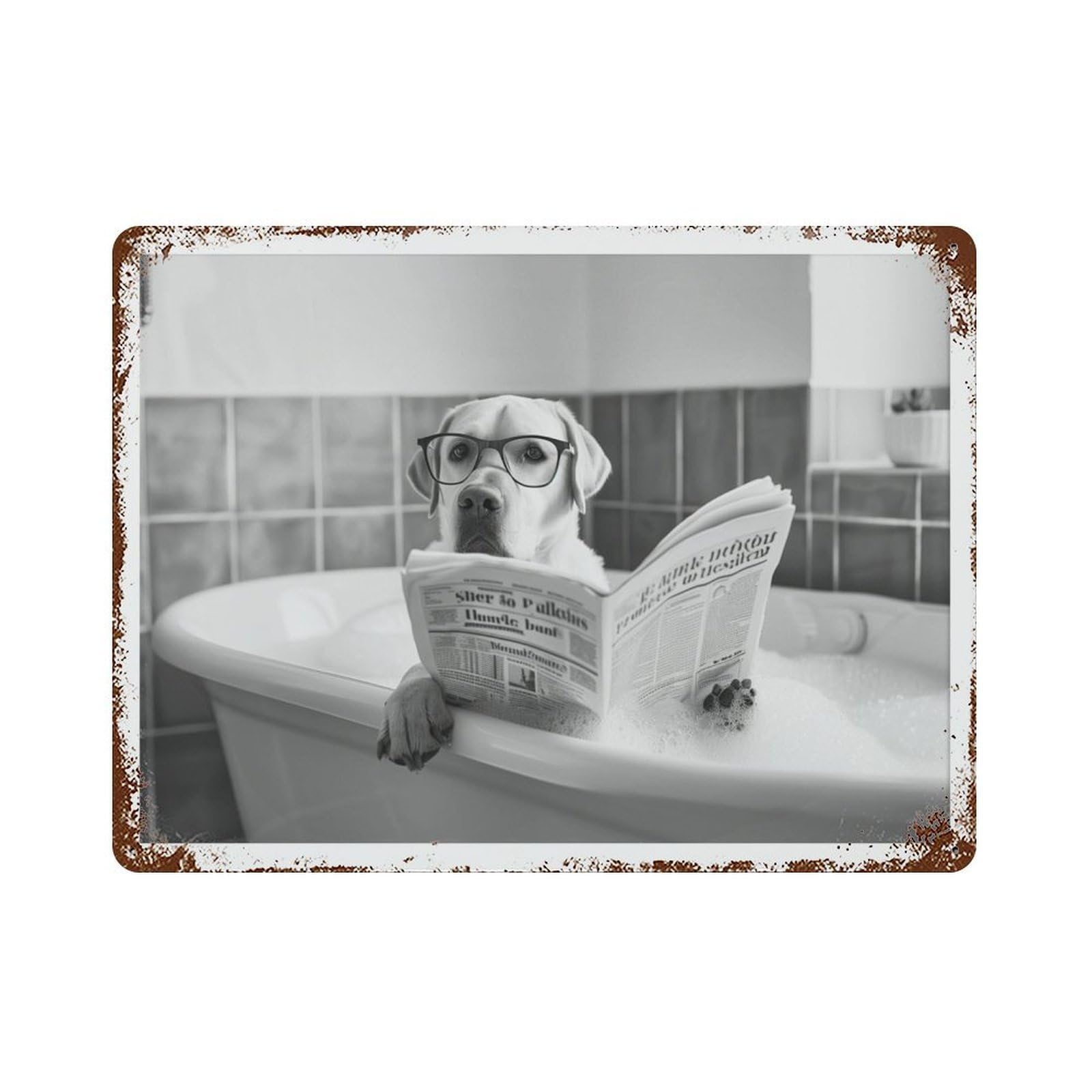 xiaoxiaoshen Labrador in Bathtub Dog Reading Newspaper, Funny Yellow Lab Bathroom Decor Wall Decor Art Metal Tin Poster Modern Home Decor Art Home Bar Shop Decorations Vintage Sign 30x40cm
