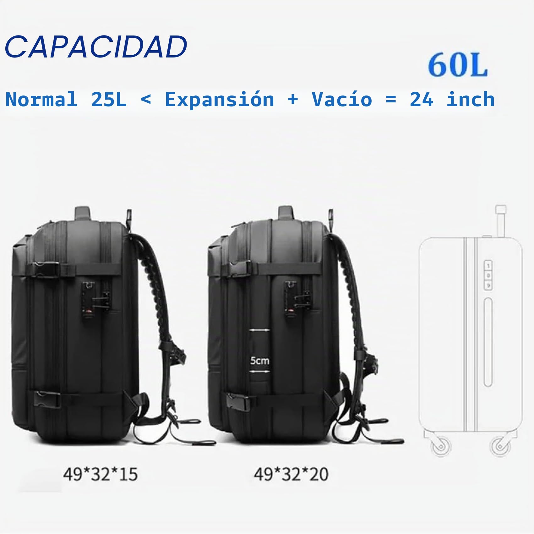 Vacpack Mochila de 60 L con compresión al vacío, mochila de viaje con sistema de vacío, impermeable y antirrobo