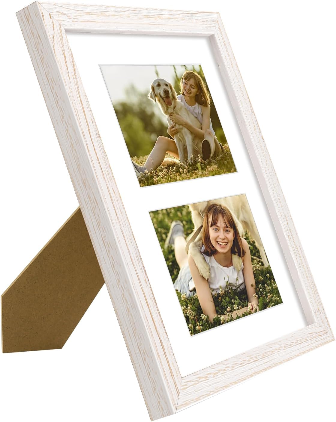 Golden State Art, 4X6 Double Picture Frame In Distressed White - 8X10 Collage Frame, Solid Wood with Tempered Glass - Horizontal And Vertical Formats for Wall And Tabletop, 2 Pack