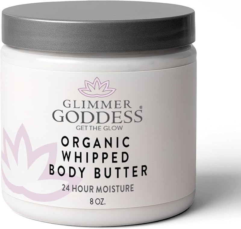 GLIMMER GODDESS Organic Whipped Body Butter for Women - Moisturizer Cream with Shea & Cocoa Butter, Almonds & Coconut Oil - White Ginger & Amber, 8oz