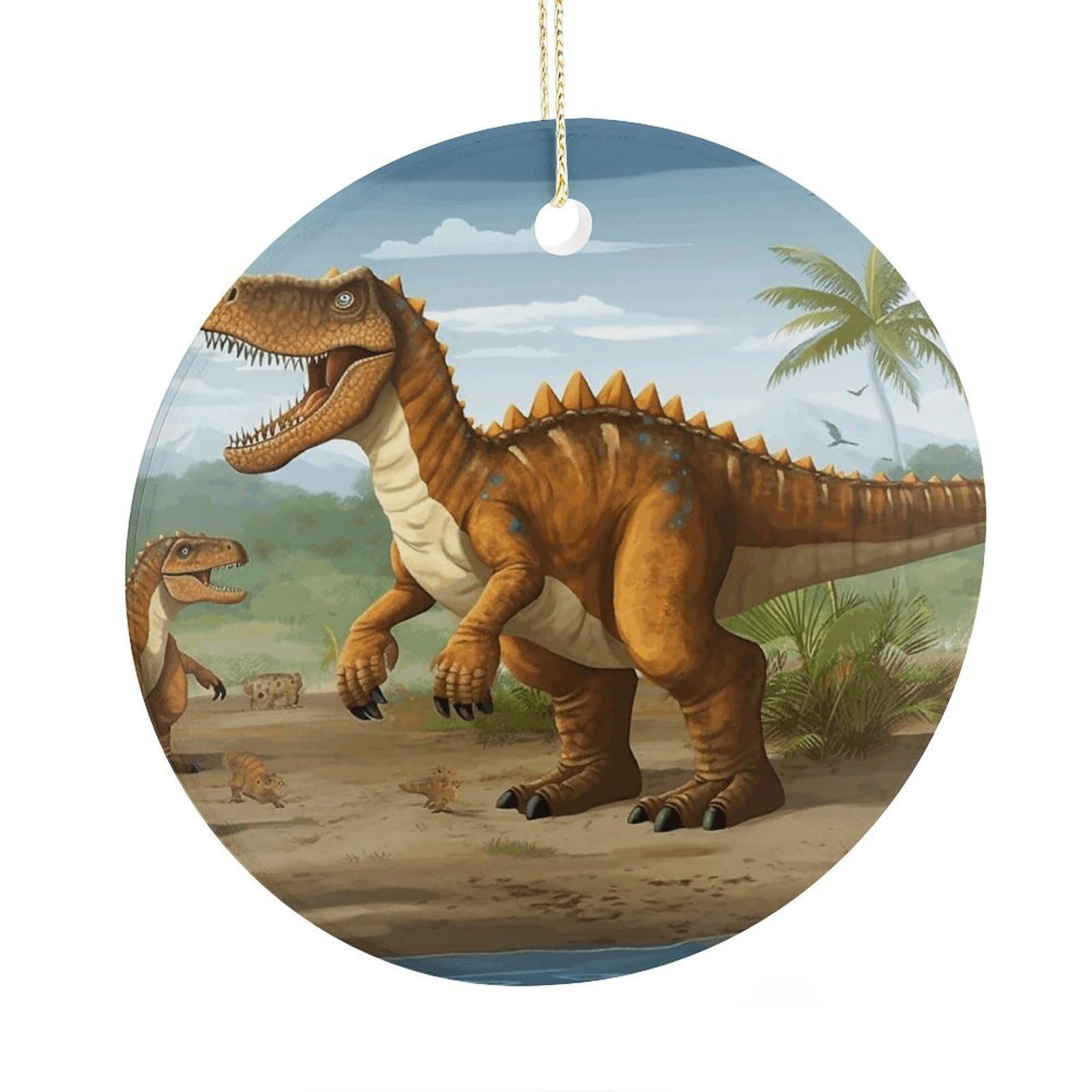 Fekiloot Style Jurassic Period Dinosaur Christmas Ornaments 2.9 Inch Round Ceramic Ornament Keepsake Thank You Gifts For Office, Room, Home - Holiday Present Ideas