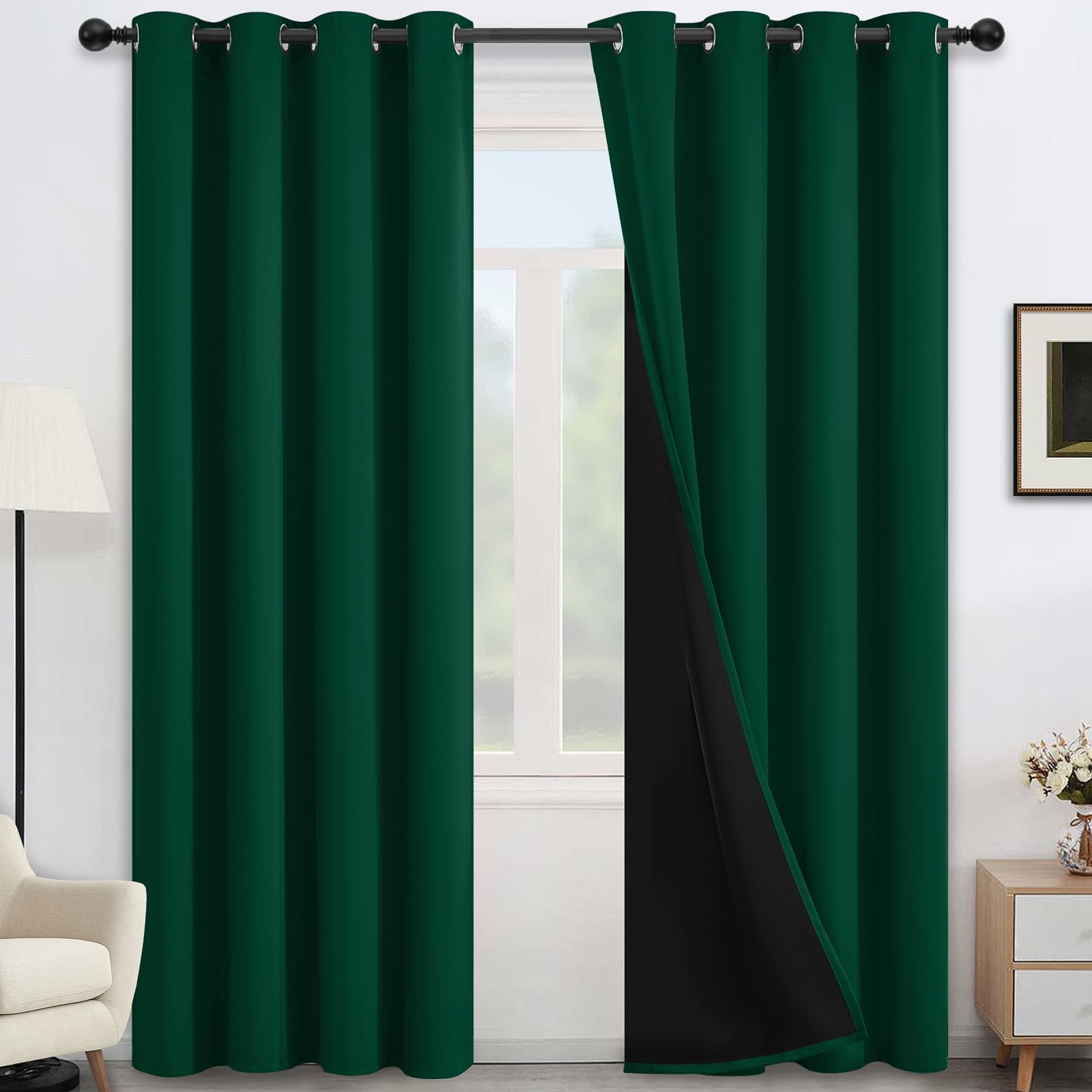 Limay 100% Blackout Curtains for Bedroom,Grommet Room Darkening Dark Green Curtains for Living Room with Black Back,52 x 84 Inch,2 Panels