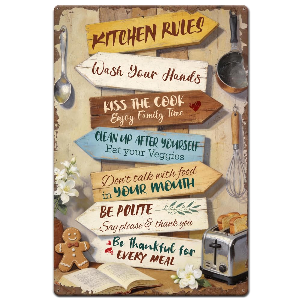 Kiss The Cook Kitchen Rules Retro Tin Sign 12x16 Inch