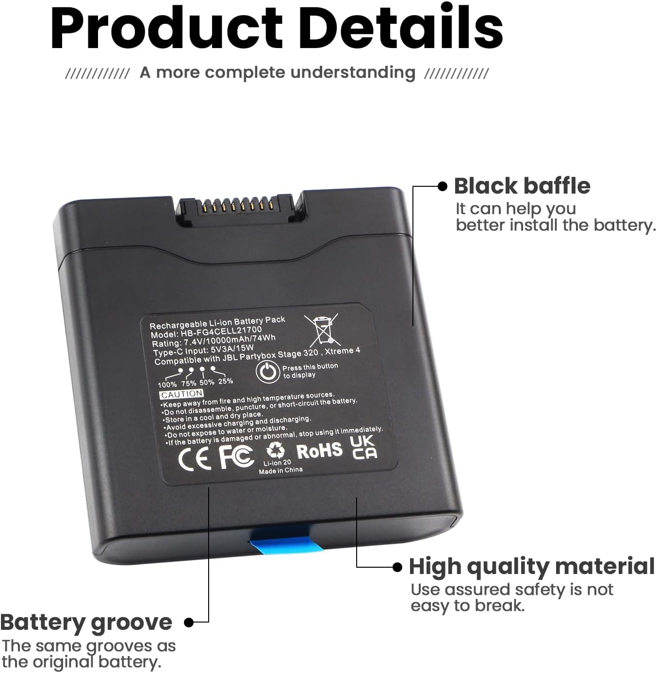 ANTIEE Xtreme 4 Battery Replacement for JBL Battery 400, Rechargeable Battery Compatible with PartyBox Stage 320 & Xtreme 4 Portable Speaker 7.4V 74Wh 10000mAh - Image 8