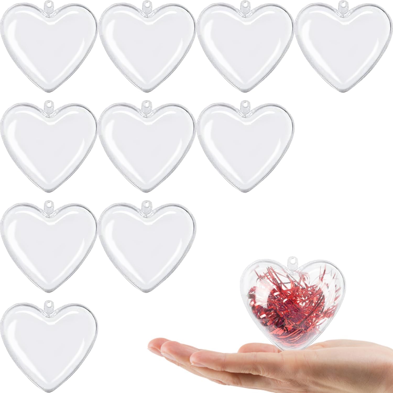 JCD Clear Plastic Heart Ornaments 10-Pack Christmas Ornament Fillable Balls for DIY Crafts, Christmas Tree Decorations, Wedding Party, Xmas Holiday Home Decor, Open Decorative Hanging Ornaments 65mm
