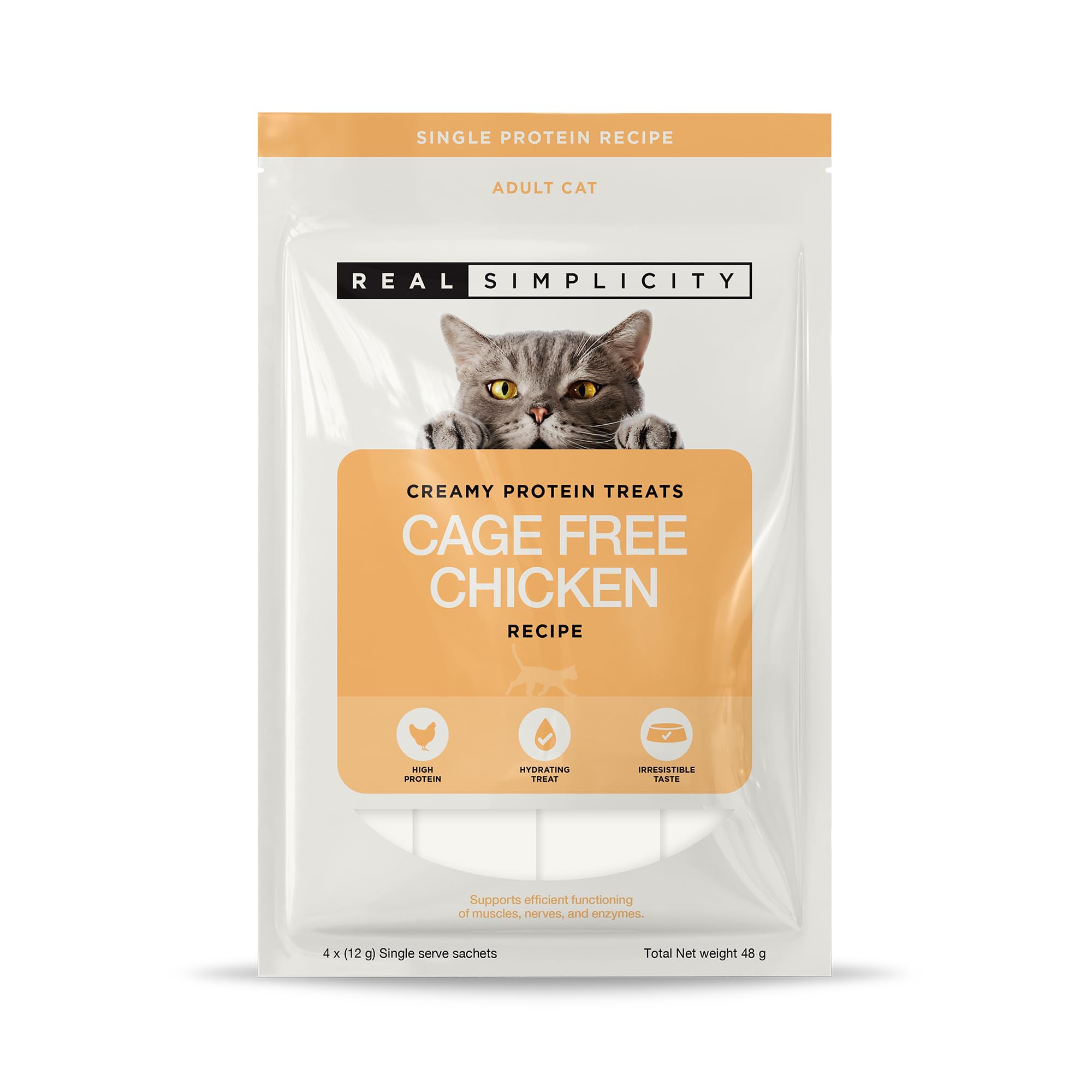 Real Simplicity Lickable Cat Treats for Adult Cats, Creamy Protein Treats with 35% Cage-Free Chicken, Hydrating Snack & Meal Topper, Supports Healthy Tissue, 4 x 12g Sachets