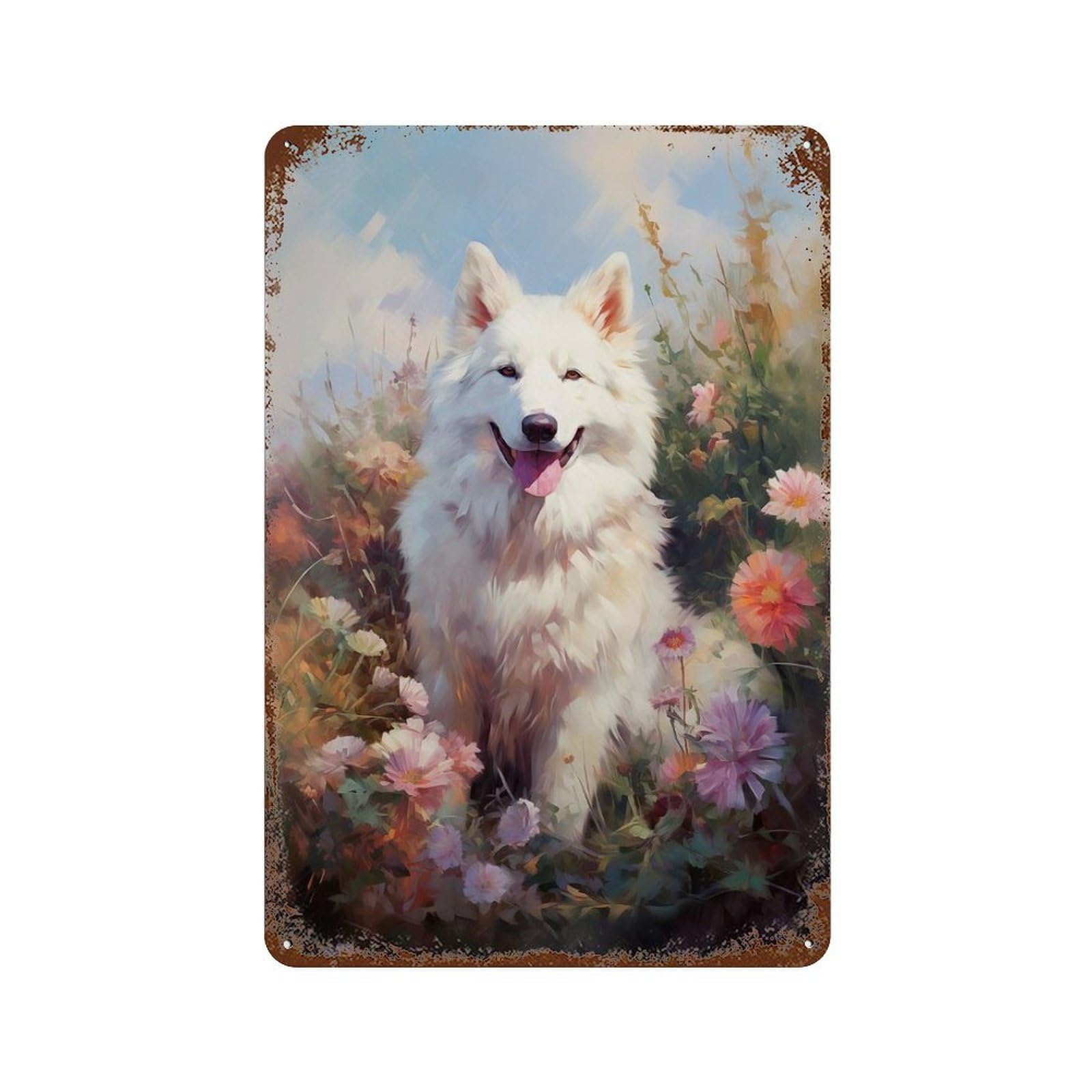 White Swiss Shepherd Dog Rusty Metal Tin Sign 11.8"x7.9", Rustic Home Decor for Living Room, Hallway And Home Decor