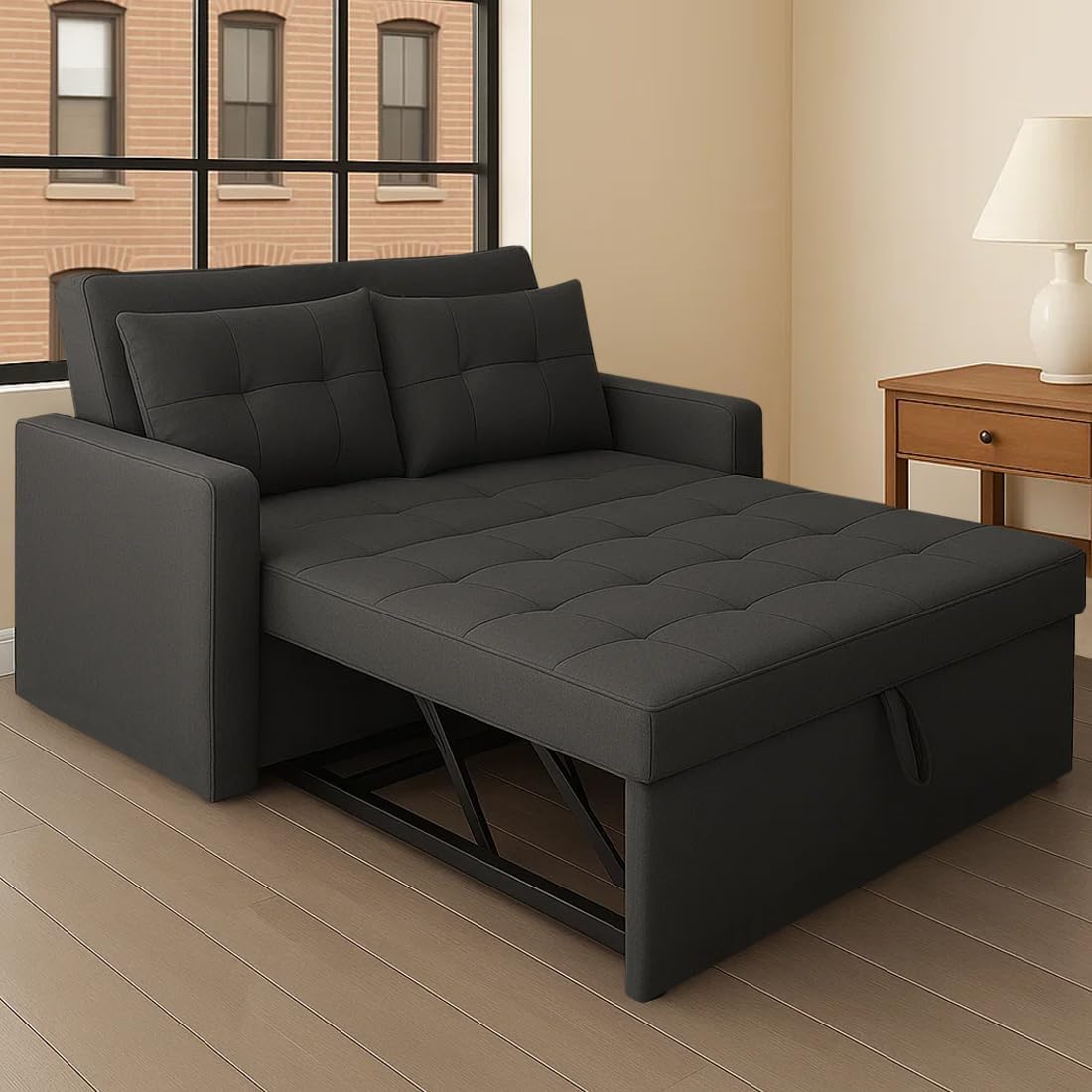 FURNY Tressa 2-Seater Sofa Cum Bed (Dark Grey Velvet) at ₹20,319 – Amazon