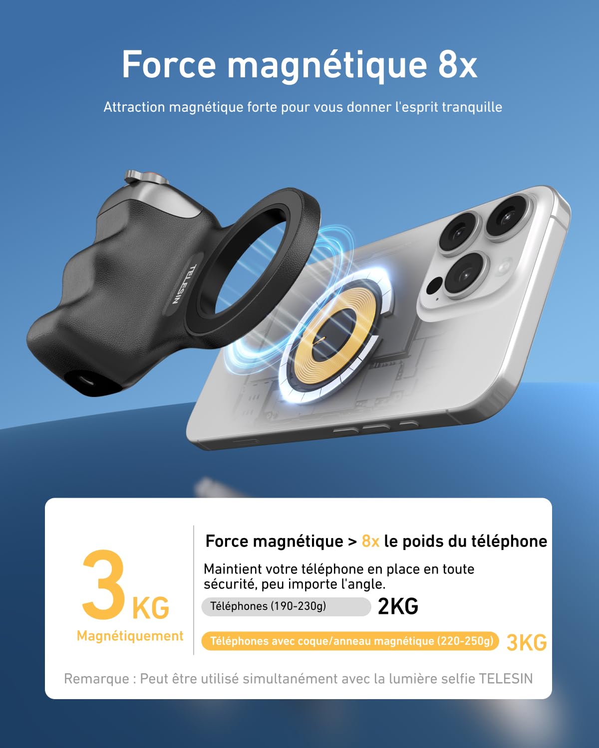 TELESIN Fun Shot Smartphone Handle Grip, Poignée Smartphone avec Détachable Télécommande Bluetooth - Filetage 1/4, Stabilisateur de Poignée pour iPhone Android, Selfies/TikTok (Noir)