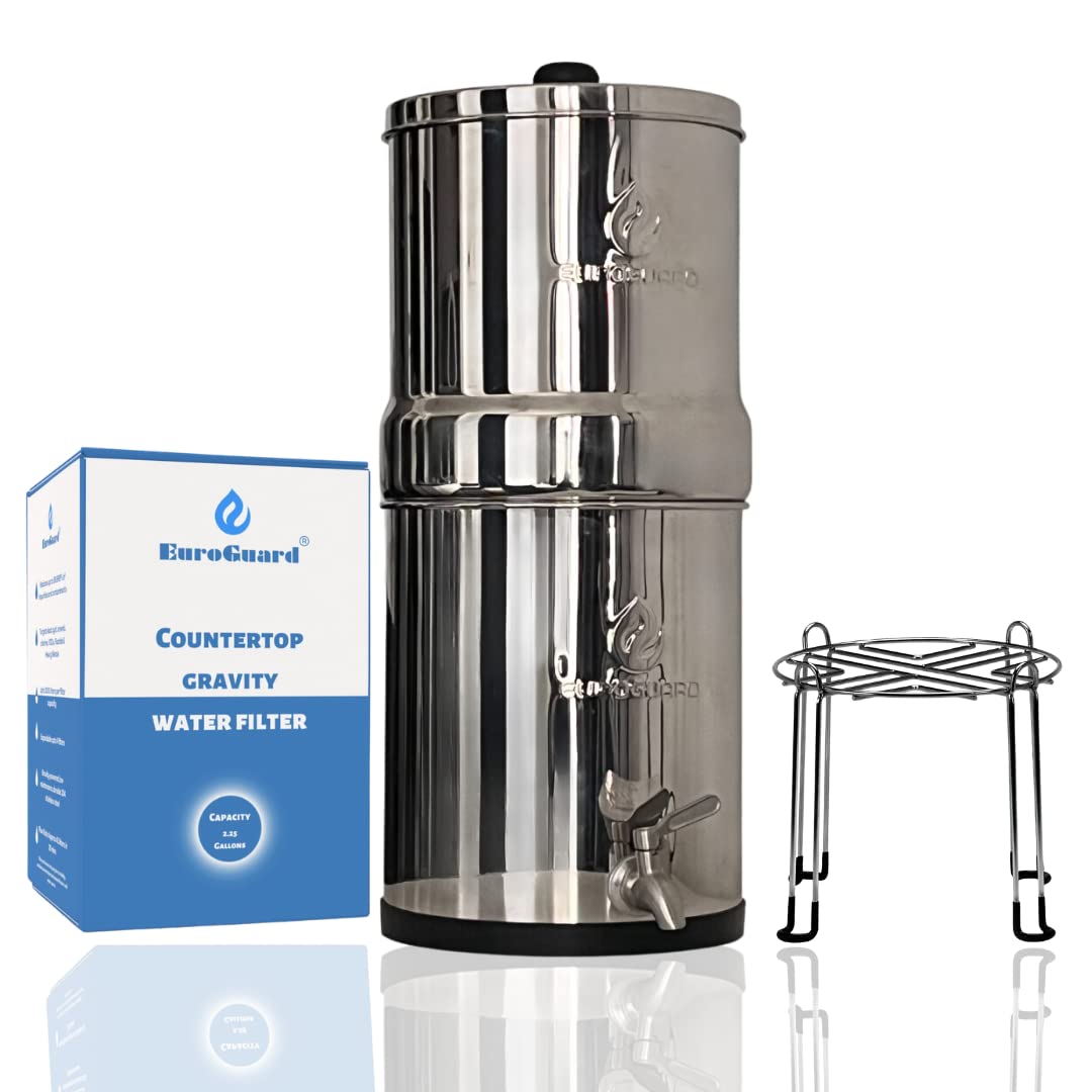 EUROGUARD Gravity Water Filter System, 304 Stainless Steel Countertop System with Stand, 2.25 Gallon, Compatible with All Brands Filters, Without Candle Filters