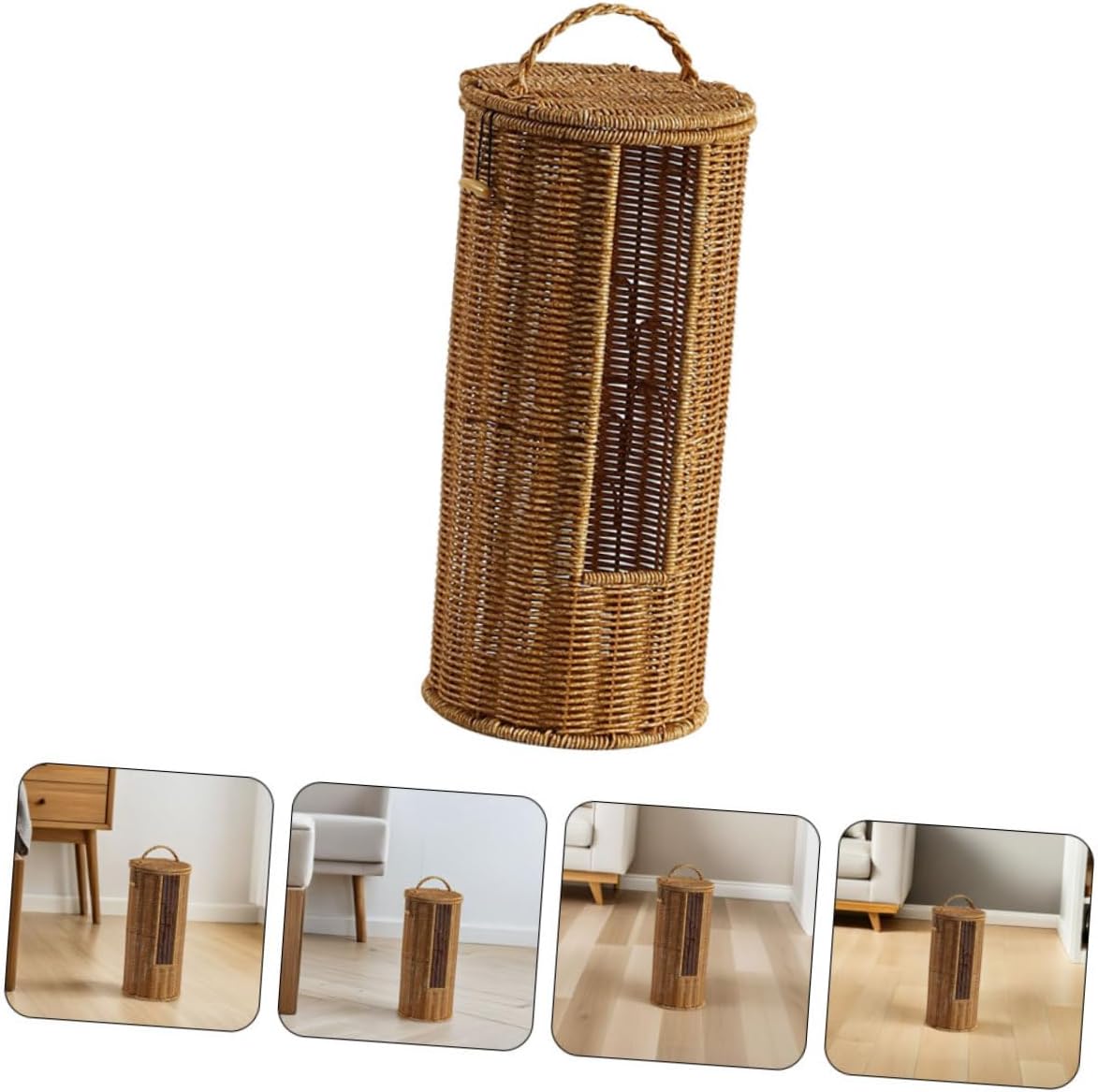 Ciieeo Handwoven Faux Rattan Storage Basket with Lid Stylish Organizer for Towels and Toilet Paper and Versatile Home for Bathroom and Hotel Use