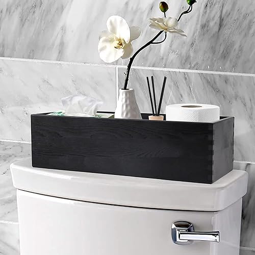 Miniatura 4 de LotFancy Caja de decoración de baño, paquete de 2 soportes de papel higiénico de madera, cesta de almacenamiento de tanque de inodoro negro, parte