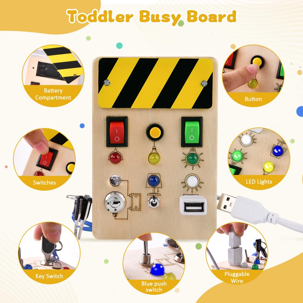 Aomig Montessori Busy Board z włącznikiem światła LED, drewniana tablica podróżna dla małych dzieci, zabawki sensoryczne do treningu, myślenia i zdolności poznawczych, zamek