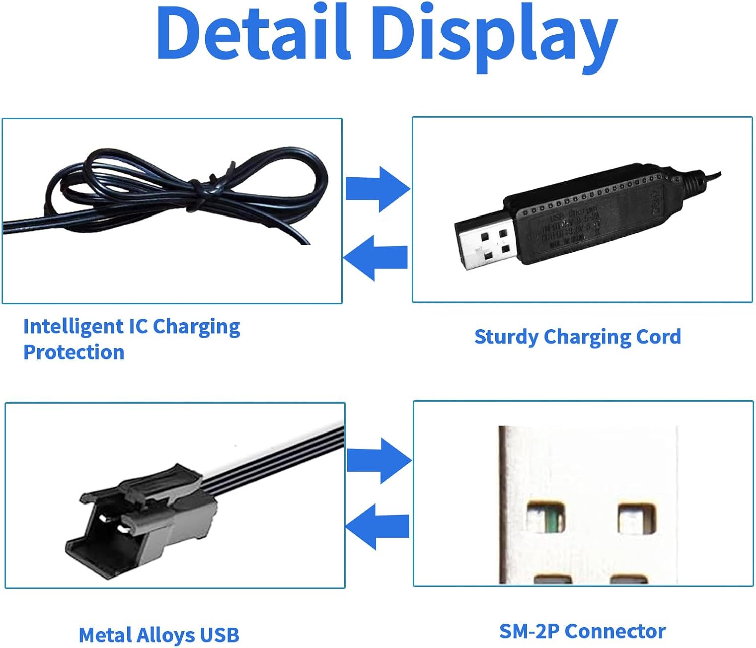 3.7V USB Charger Cable SM-2P Plug Cable for Mini RC Amphibious Stunt Car Boat Trucks Toy Li-Po Battery [2-Pack]
