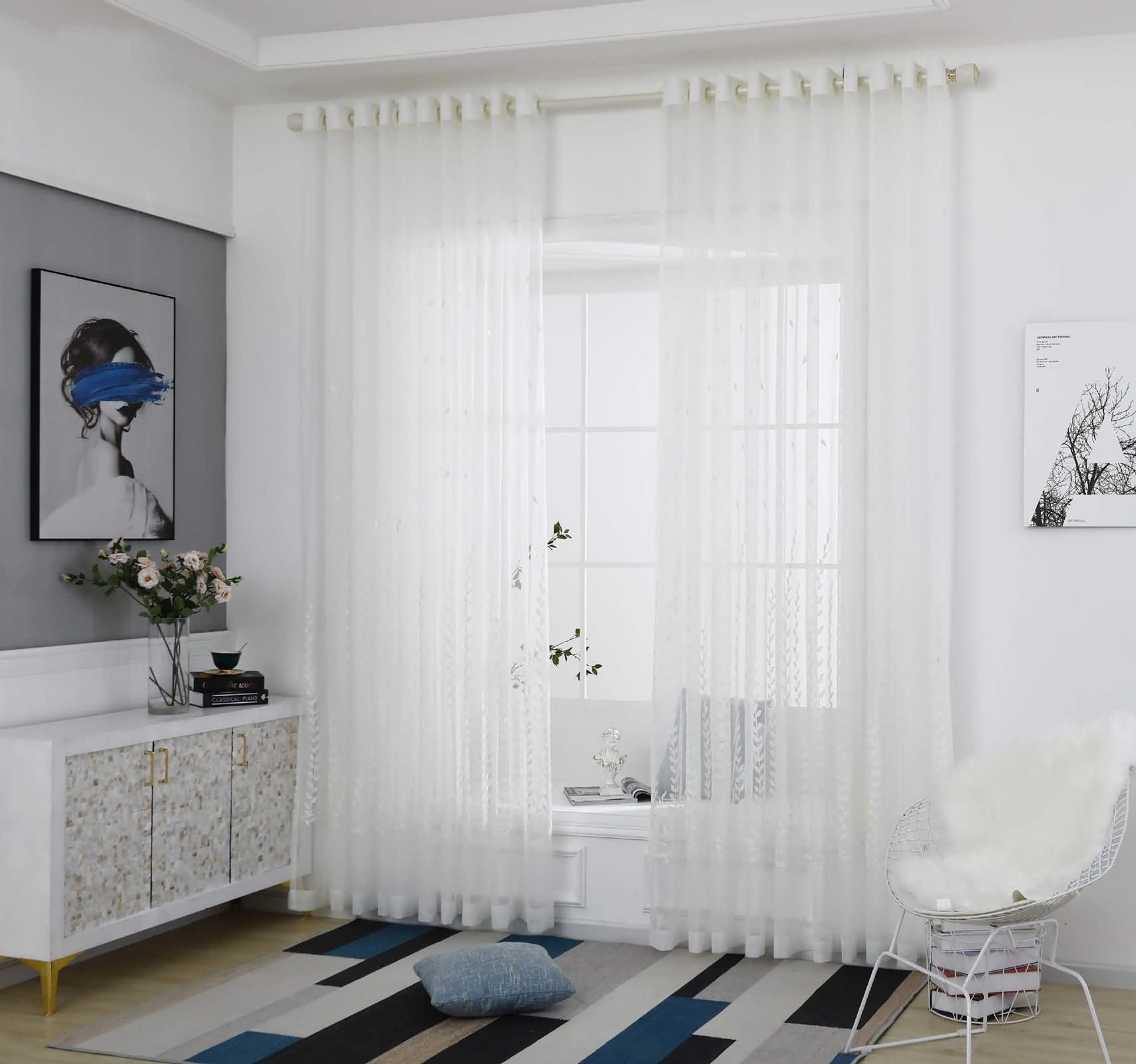 Tenda Salotto Trasparente, 250x270cm Modello a foglia jacquard Tenda decorativa per camera da letto/cucina, Occhiello, Bianco
