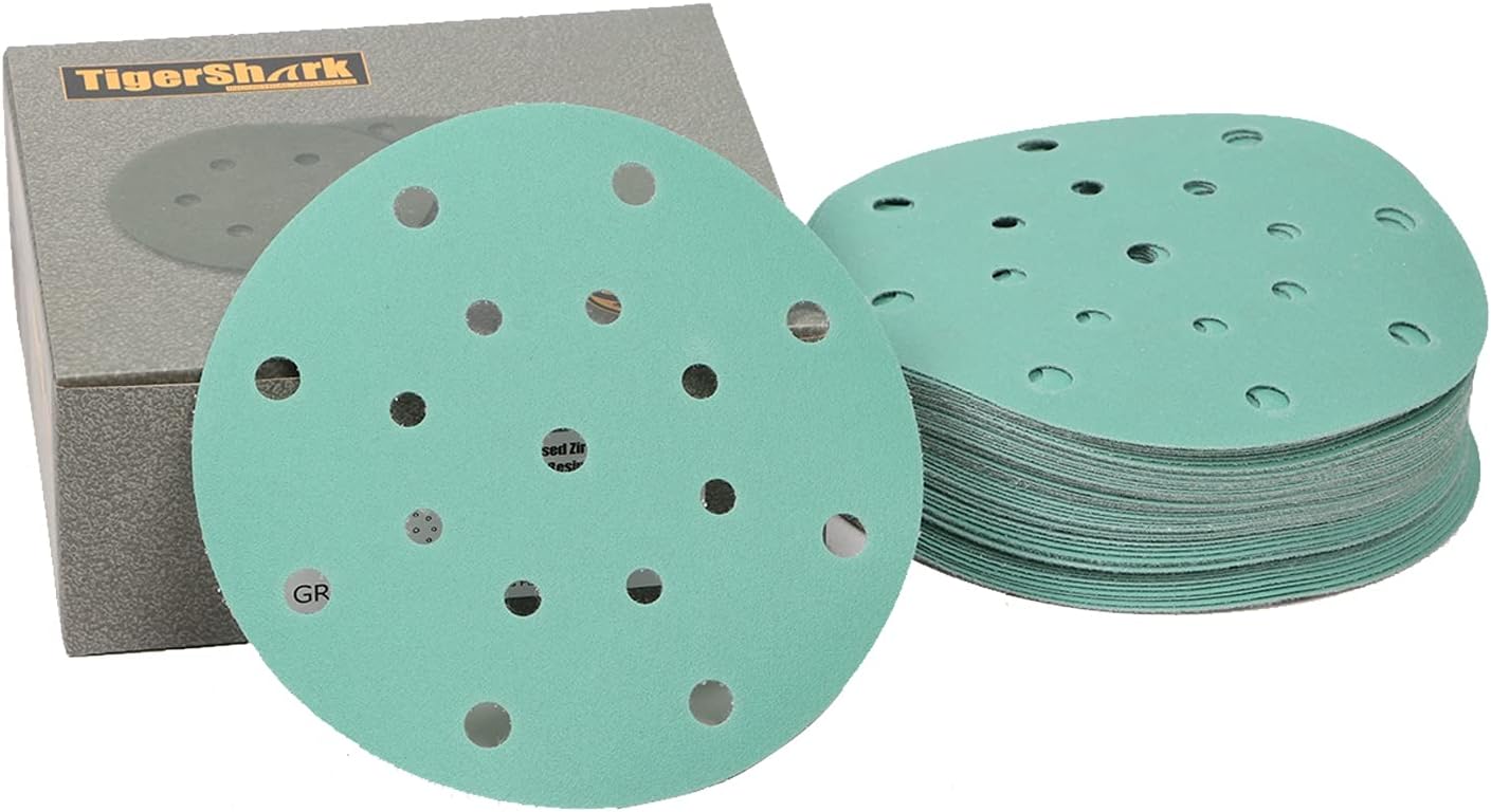 TigerShark 6 Inch Sanding Discs 17 Hole Wet Dry Grit 180 50pcs Pack Special Anti Clog Coating Film Green Line Hook and Loop Dustless Random Orbital Sander Paper G180/50PCS