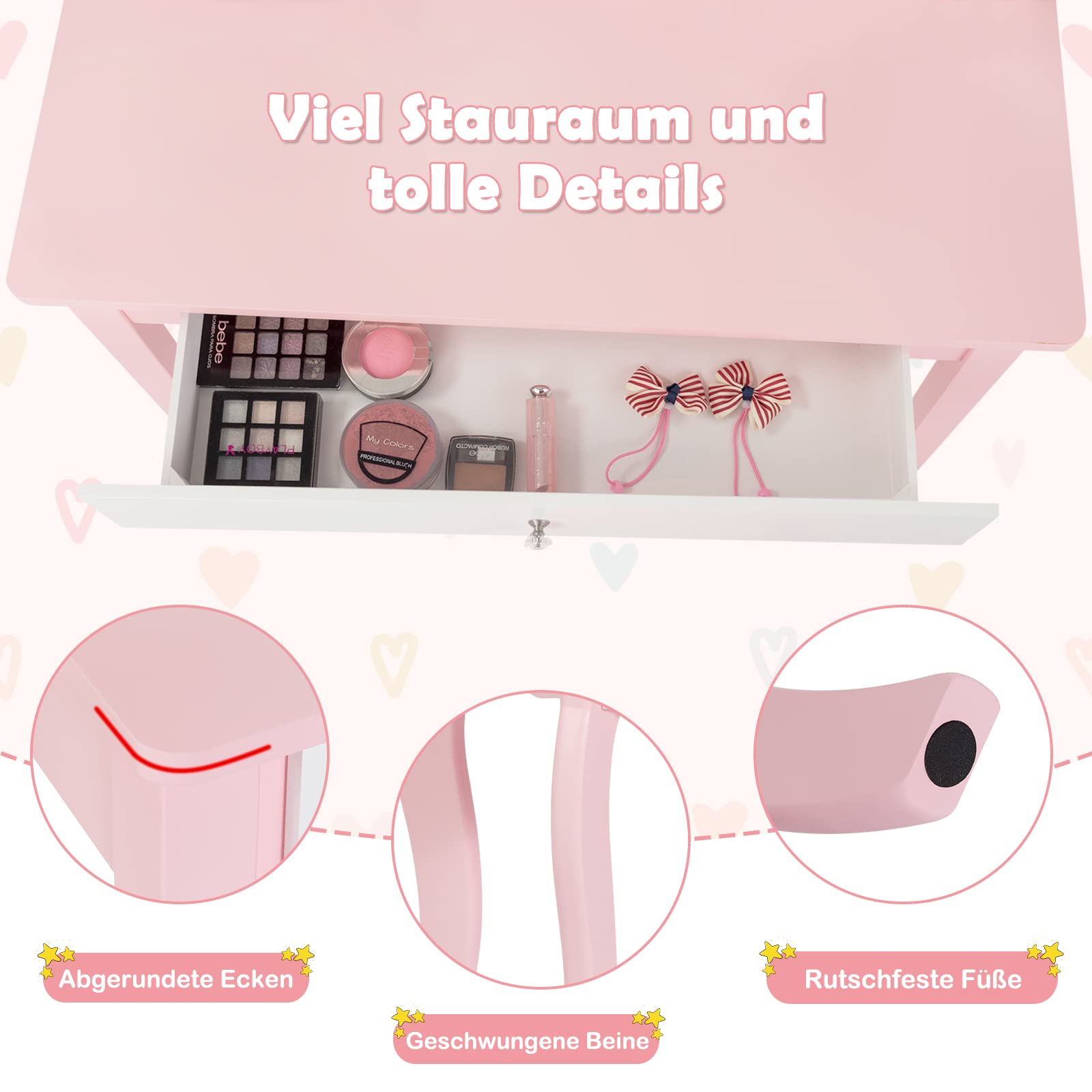 GOPLUS Make-uptafel voor kinderen, kaptafel voor meisjes met spiegel, make- uptafel voor kinderen met lade, houten make-upcommode voor kinderkamer (roze