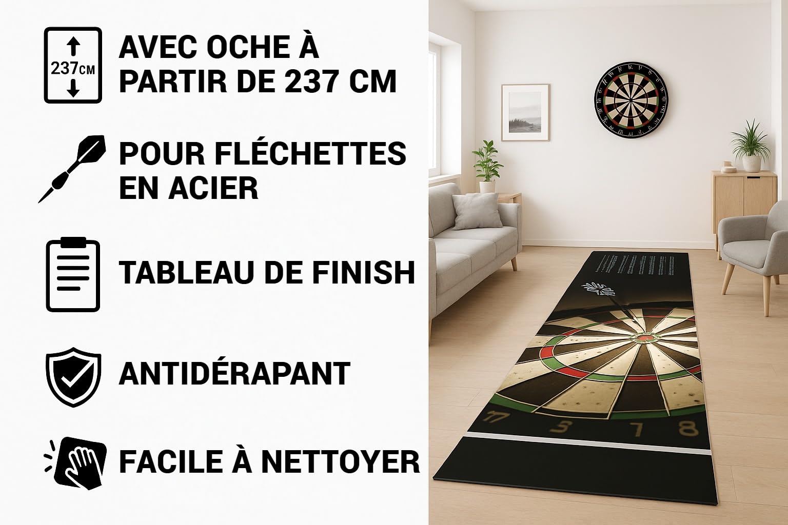 Studio M - Tapis de fléchettes avec Oche 57x270 cm – pour fléchettes en Acier – avec Ligne de Lancer, à partir de 237 cm - avec Tableau de Checkout – antidérapant – Noir