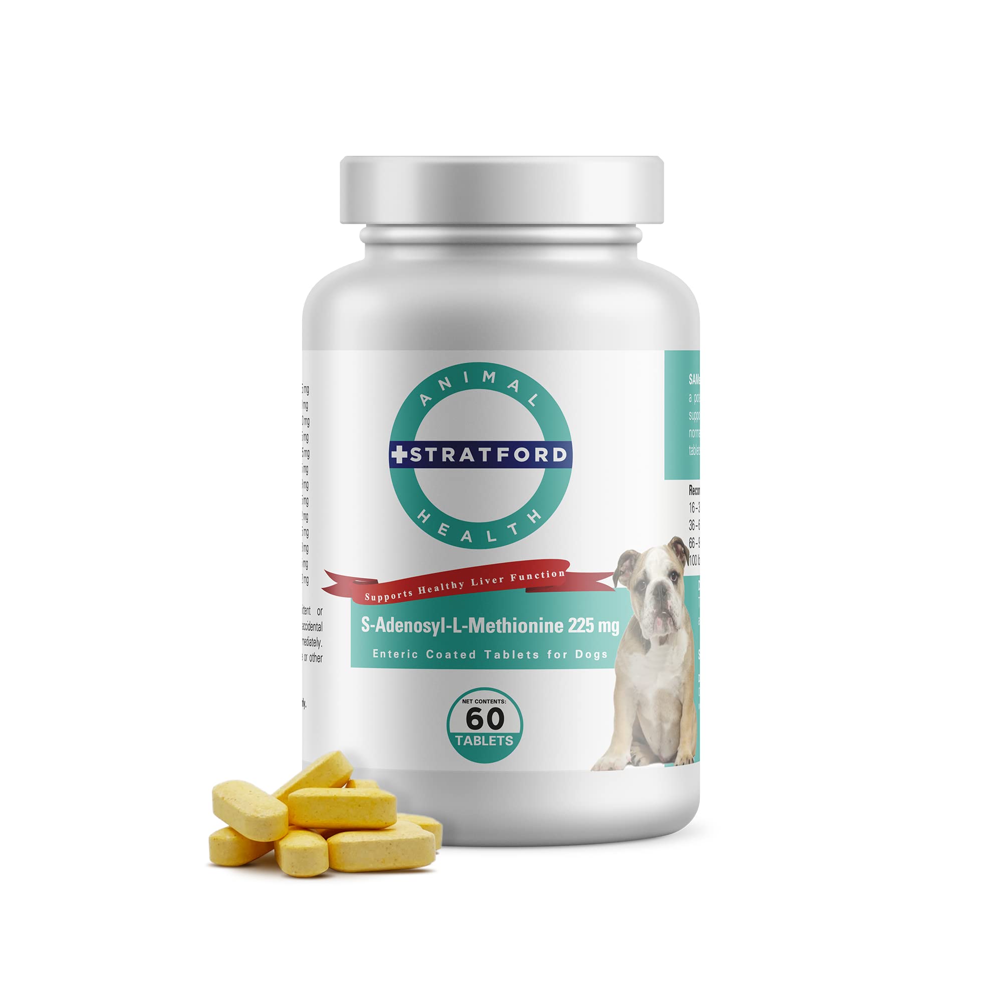 Stratford Pharmaceuticals SAM-e (S-Adenosyl) Supplements for Dogs Hepatic Liver Support, Brain and Cognitive Function, 225 mg Enteric Coated Tablets for Medium & Large Canine, 60 ct
