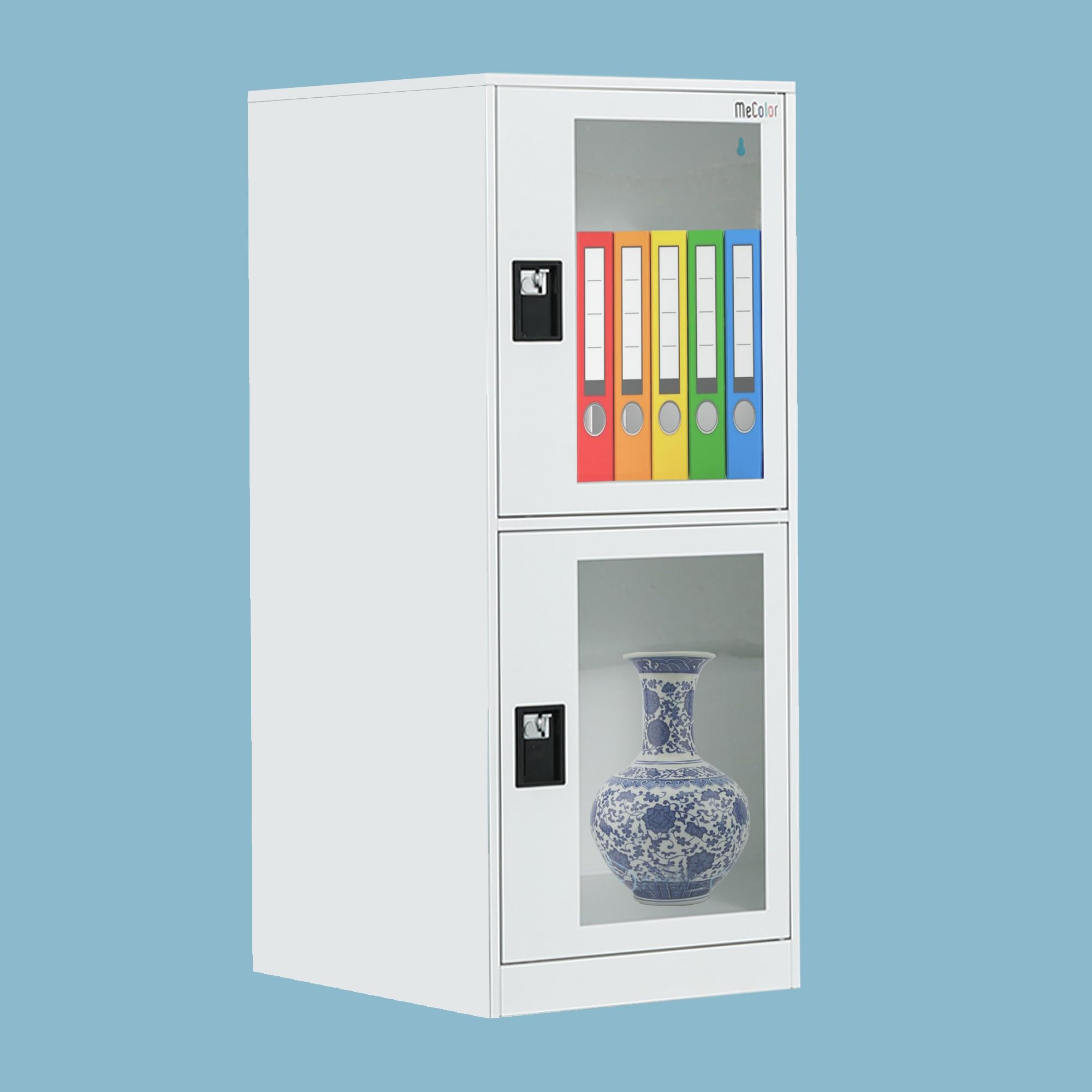 MECOLOR Schrank mit Vorhängeschloss, Büro Aktenschrank mit 2-Glastüren, abschließbarer Nachtschrank im Schlafzimmer, Metallschrank im Wohnzimmer (G2V-FWH)
