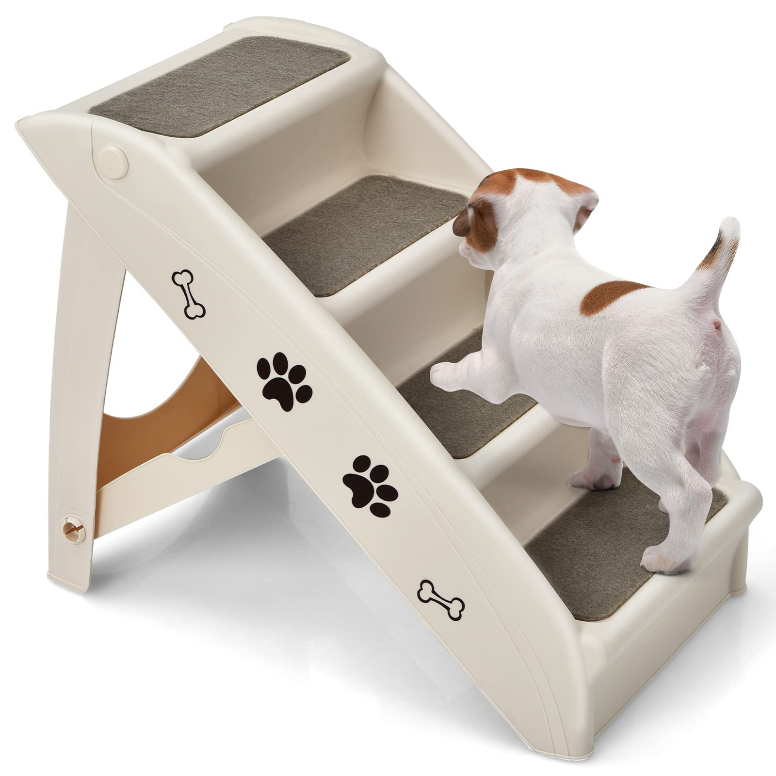 GYMAX Scaletta Pieghevole per Animali Domestici, Scaletta a 4 Gradini per Gatti e Cani in Plastica con Rivestimento Antiscivolo, Facile da Salire e Scendere, Carico di 60 kg, 62 x 38 x 50 cm (Beige)