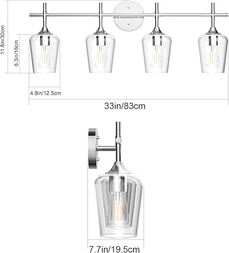 Miniatura 5 de Ralbay Lámpara cromada para tocador de baño, 4 luces, estilo industrial de granja, cristal transparente, sobre espejo