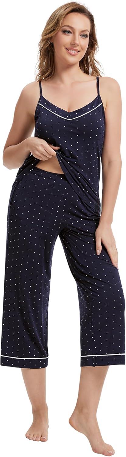 WiWi Womens Cami Pajama Sets 2 Piece Camisole Top Capri Pants Sleepwear Soft Lingerie Bamboo Viscose PJs S-XXL - Image 3