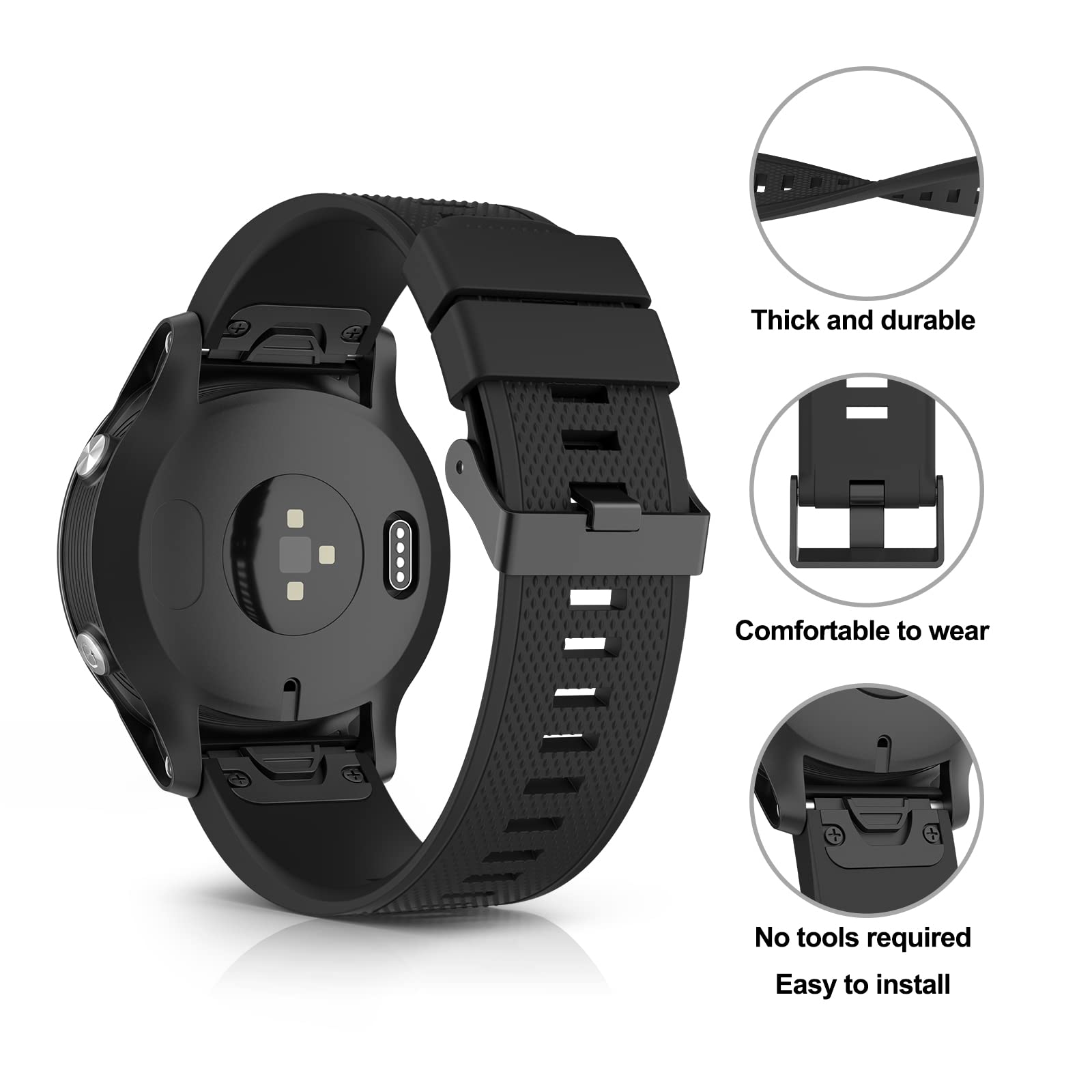 Zoye QuickFit 22mm Silicone Band for Garmin Fenix 7/6/5 Series, Forerunner 945/935, Approach S60/S62, Quatix 6 (Black, 22mm) - Image 4