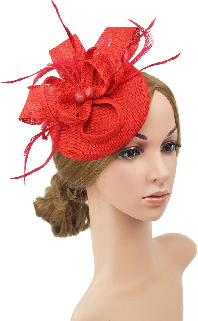 Specell Women's Handmade Tea Party Fascinator Hat, Pillbox Derby Hat with Feather Hair Clip, Elegant Formal Fashion Headwear.