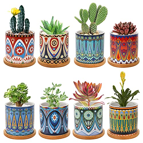 Kingrol 8 Pack Succulent Pots, Mini Ceramic Flower Planter Pot with Drainage Hole and Bamboo Tray for Cactus, Ferns, Herbs, Jade Plants - Mandala Style, Plants Not Included by Kingrol - Used condition - US$22.31