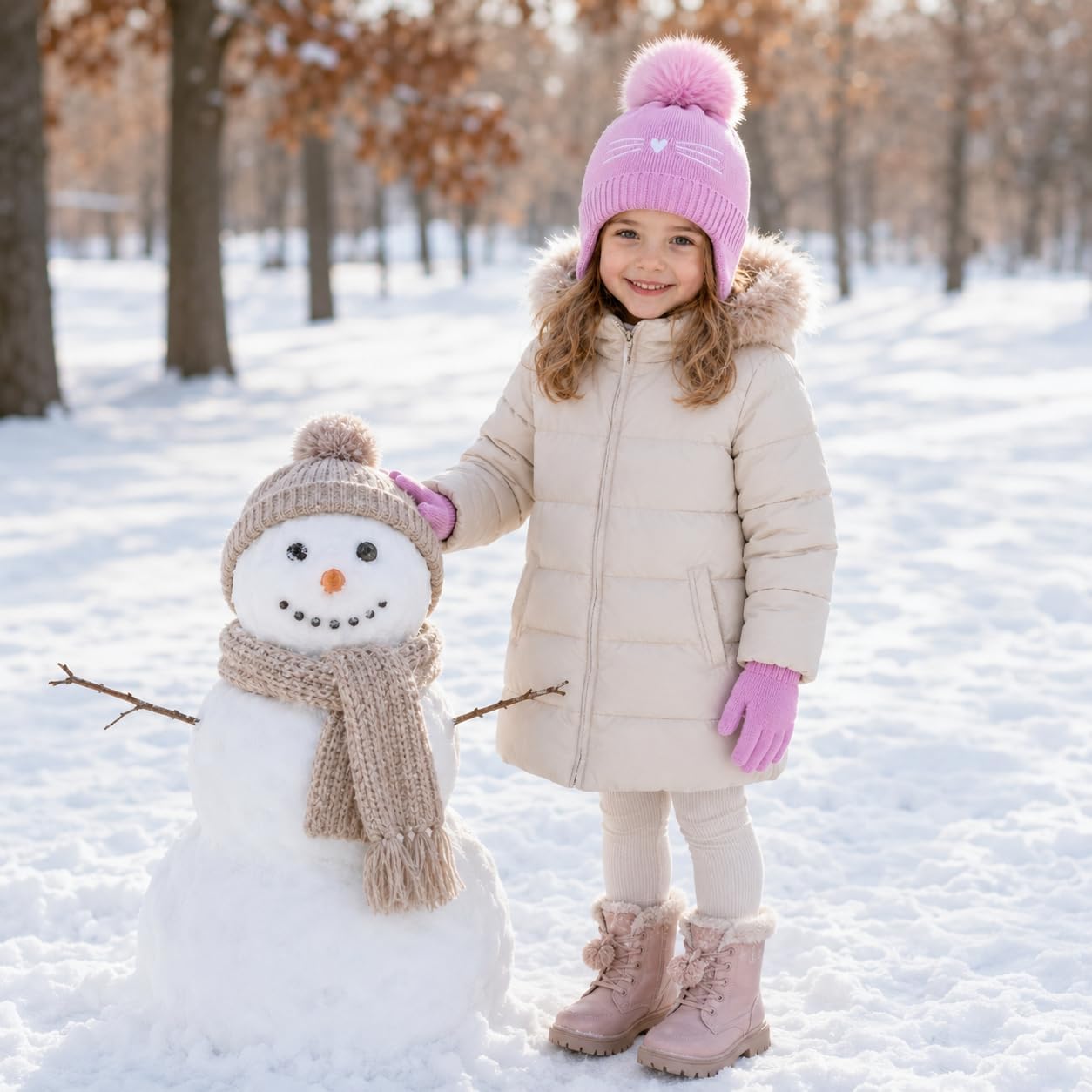 Girls Winter Hat and Gloves Set, Kids Cat Knit Beanie with Earflaps