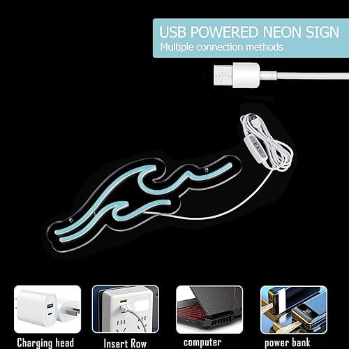 Miniatura 4 de MissAudrey Letreros de neón ondulados con temporizador de ciclo, atenuador de luz azul hielo con ondas LED para decoración de pared de niños,