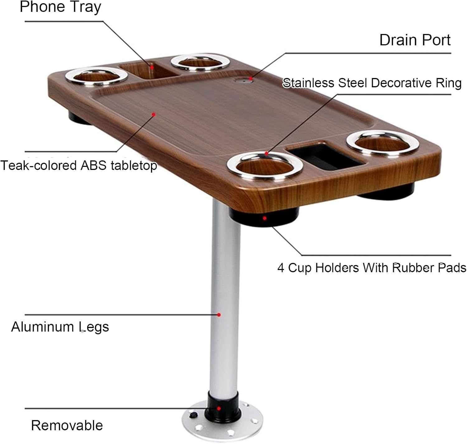 RV Table, RV Boat Marine Caravan Table with 4 Cup Holders, Adjustable Height for Home, Outdoor Camping Picnic