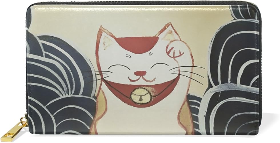 Amazon Vawa 財布 レディース 長財布 大容量 かわいい 猫柄 和柄 和風 アニメ 面白い 招き猫 長財布 本革 ファスナー財布 かわいい ウォレット 薄型 型押し 小銭入れ 伝票入れ プレゼント用 財布