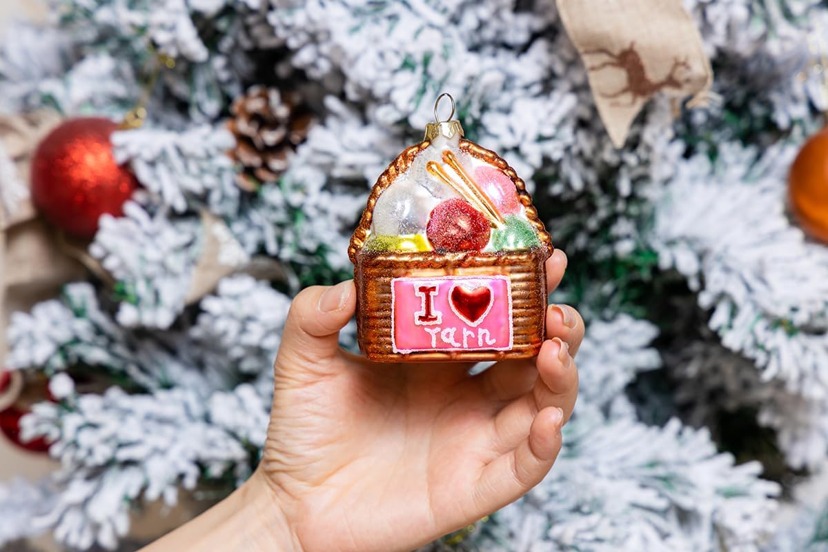 Set of 2 Hand Blown Glass Basket of Knitting Yarn Christmas Ornament, Hanging Glass Crochet Yarn Ornaments for Christmas Tree - Image 5