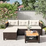 Wisteria Lane Small Patio Furniture Set, All-Weather PE Rattan Outdoor Sectional with Storage Table, L Shape Outdoor Couch with Cushions, 3 Piece Wicker Patio Furniture for Balcony, Beige